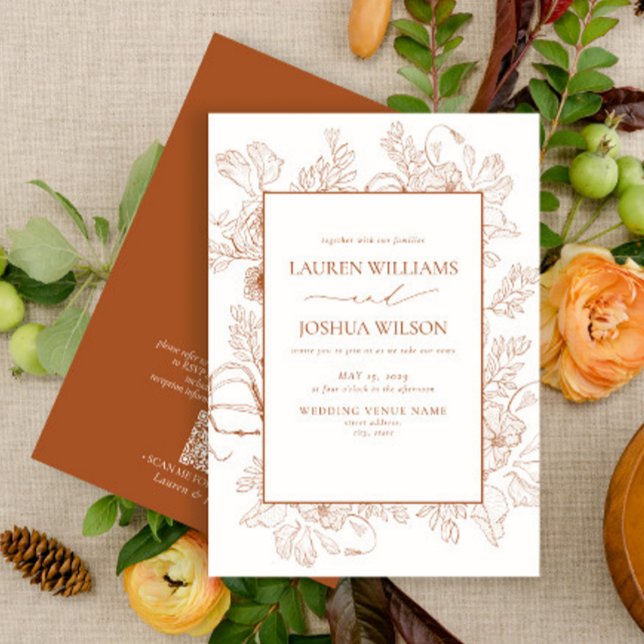 QR Code Burnt Orange Floral Line Art Wedding Invitation (Creator Uploaded)