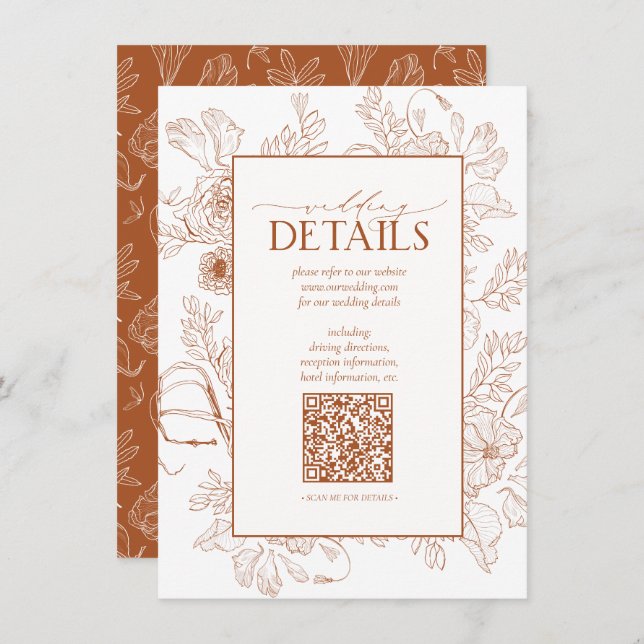 QR Code Burnt Orange Floral Wedding Details Enclosure Card (Front/Back)