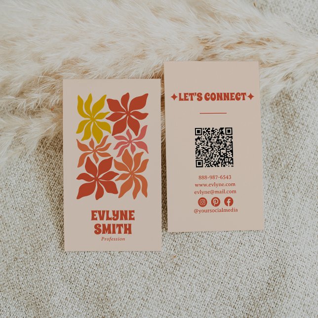 QR Code Burnt Orange Groovy Floral Terracotta Boho Business Card (Creator Uploaded)
