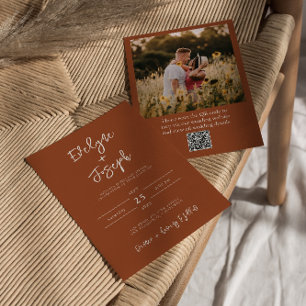 QR Code Burnt Orange Photo Boho Terracotta Wedding Invitation