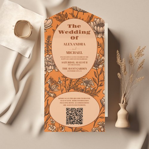 QR Code Burnt Orange Wildflowers Wedding All In One Invitation