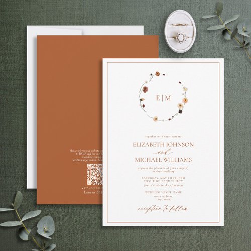 QR Code Burnt Rust Floral Wreath Monogram Wedding Invitation