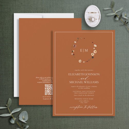 QR Code Burnt Rust Floral Wreath Monogram Wedding  Invitation