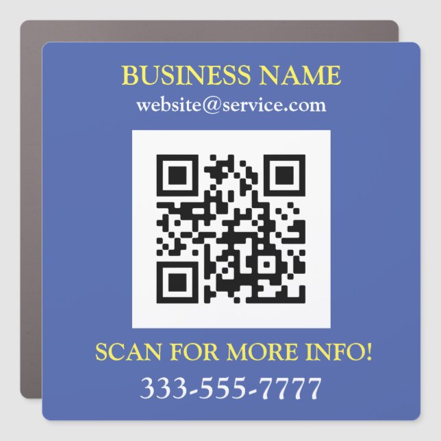 QR Code, Bus. Name Promo, Med Blue & Yellow Car Magnet (Front)