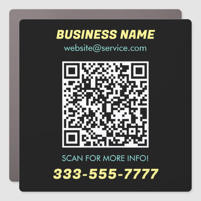 QR Code, Bus. Name Promo, Yellow Lt. Teal Black Car Magnet (Front)