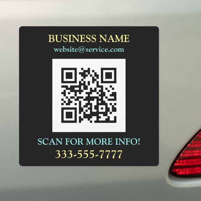 QR Code, Bus. Name Promo, Yellow Lt. Teal Black Car Magnet (Creator Uploaded)