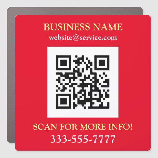 QR Code, Bus. Name Promo, Yellow White Red Car Magnet (Front)