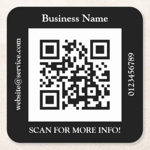 QR Code Bus. Name Website Promo, Black Square Paper Coaster