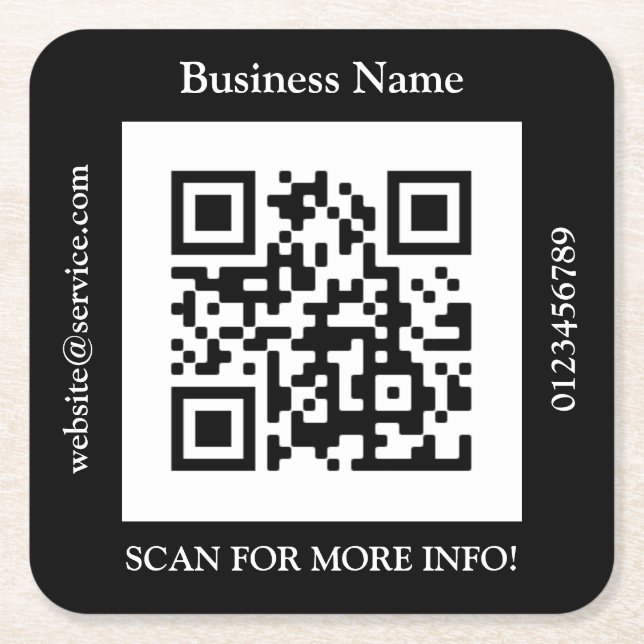 QR Code Bus. Name Website Promo, Black Square Paper Coaster (Front)