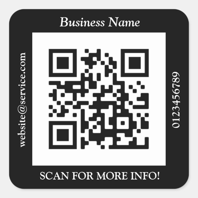 QR Code Bus. Name Website Promo, Black Square Sticker (Front)