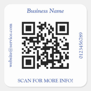 QR Code Bus. Name Website Promo, Blue Text Square Sticker
