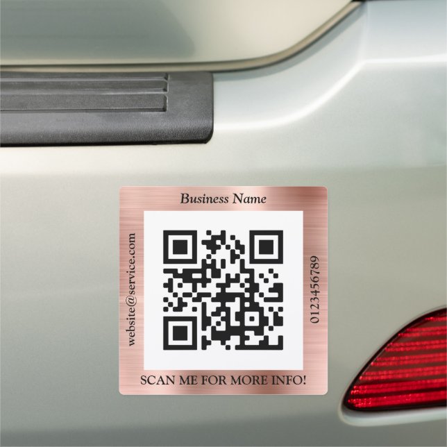 QR Code Bus. Name Website Promo, Brushed Rose Gold Car Magnet (In Situ)