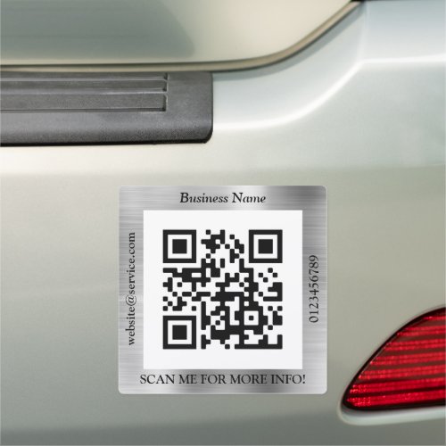 QR Code Bus Name Website Promo Brushed Silver Car Magnet
