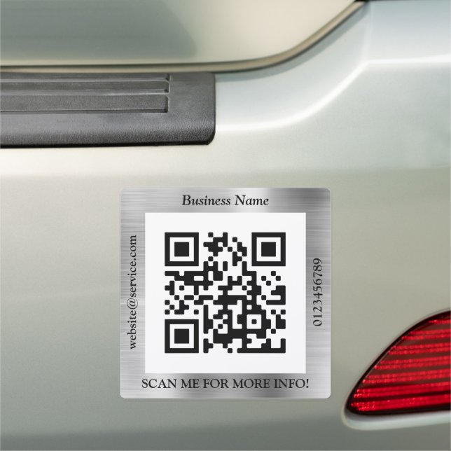 QR Code Bus. Name Website Promo, Brushed Silver Car Magnet (In Situ)