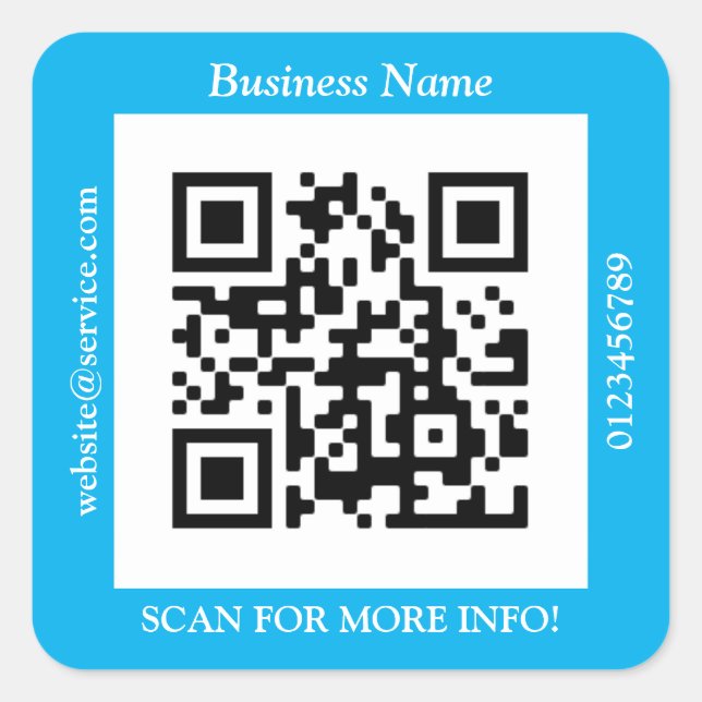 QR Code Bus. Name Website Promo, Sky Blue Square Sticker (Front)
