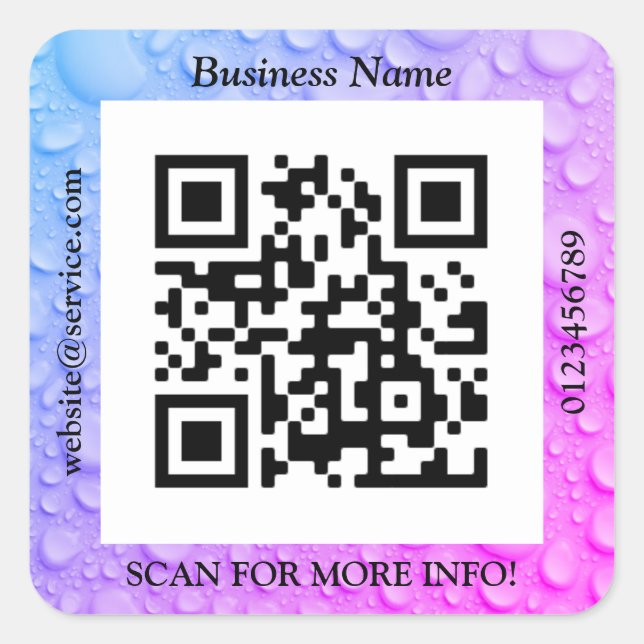QR Code Bus. Name Website Promo, Water Droplets Square Sticker (Front)