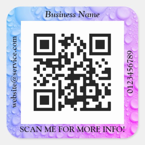 QR Code Bus Name Website Promo Water Droplets Square Sticker