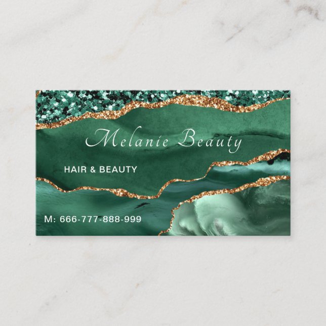 QR Code Business Card Agate Green Gold Glitter (Front)