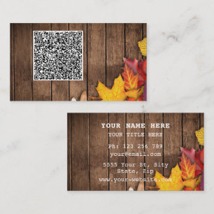 QR Code Business Card Autumn Leaves Wooden Board