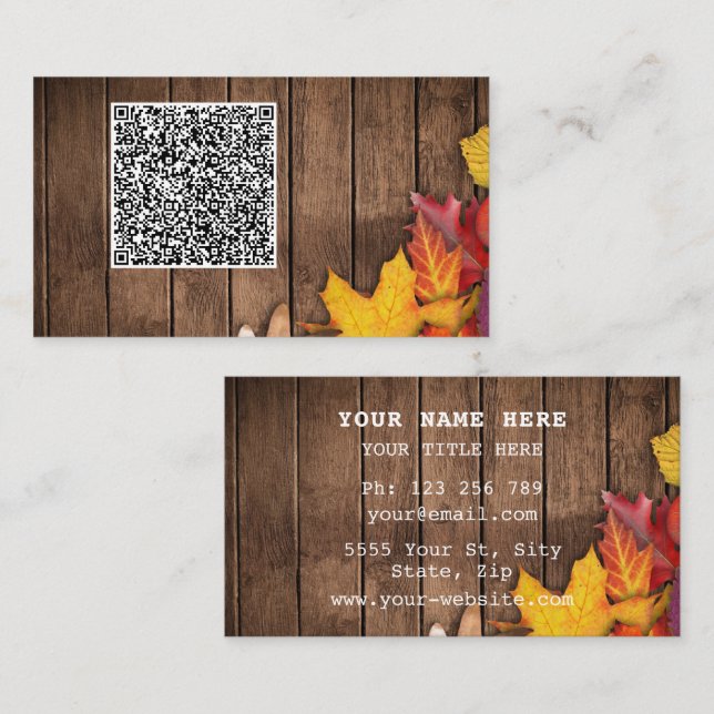 QR Code Business Card Autumn Leaves Wooden Board (Front/Back)
