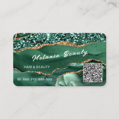 QR Code Business Card Emerald Green Gold Glitter