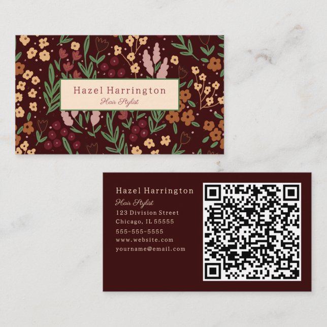 QR Code Business Card Floral Hand Drawn Burgandy (Front/Back)