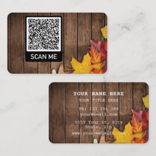 QR Code Business Card with Autumn Leaves On Wood