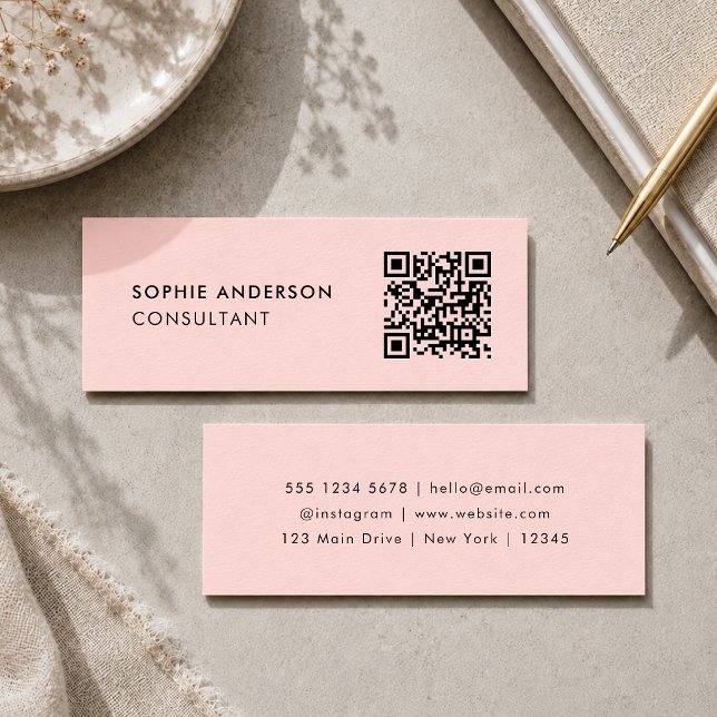 QR Code Business Cards | Mini Pink Contact Card (Blush pink mini business cards with a custom QR code for simple, polished contact sharing.)