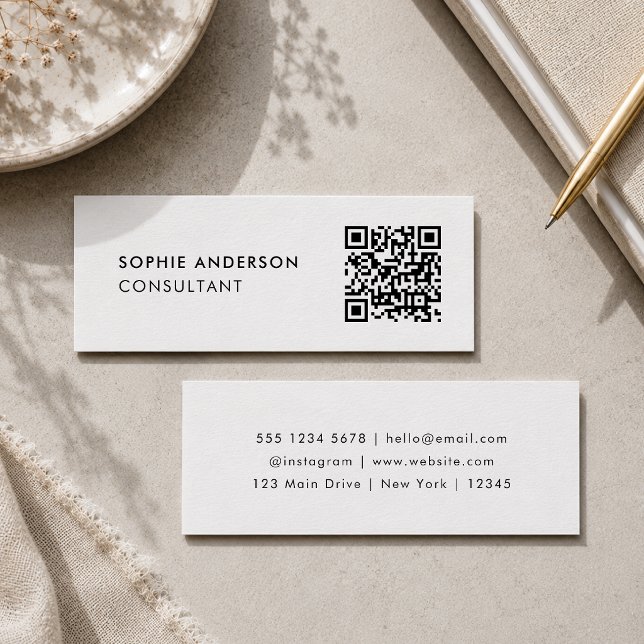 QR Code Business Cards | Mini White Contact Card (White mini business cards with a custom QR code for simple, polished contact sharing.)