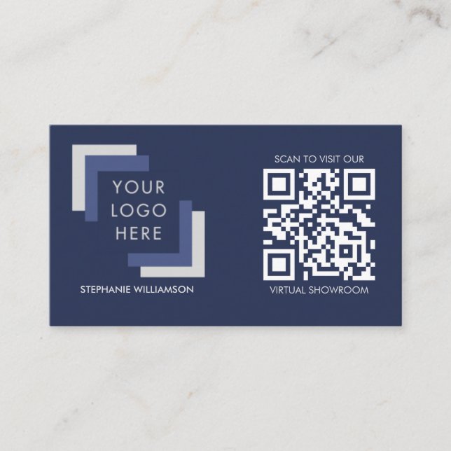QR Code Business Custom Logo Navy Modern Business Card (Front)