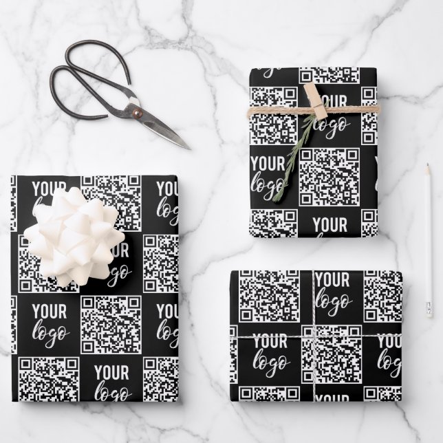 QR Code Business Logo Black Minimalist Business   Wrapping Paper Sheets (Front)