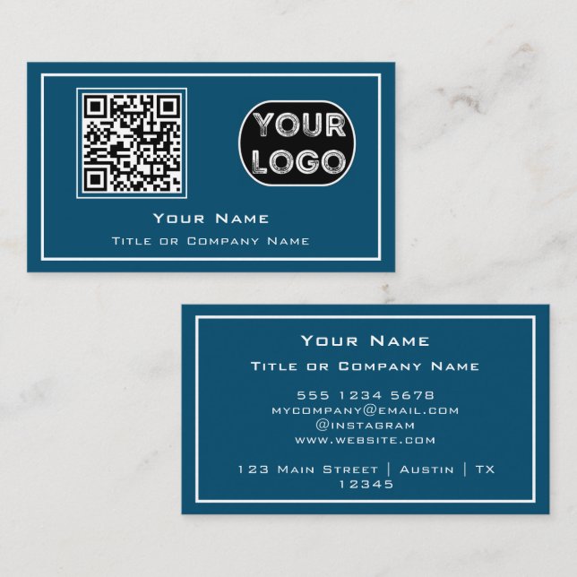 QR Code Business Logo Blue Minimalist Business Card (Front/Back)