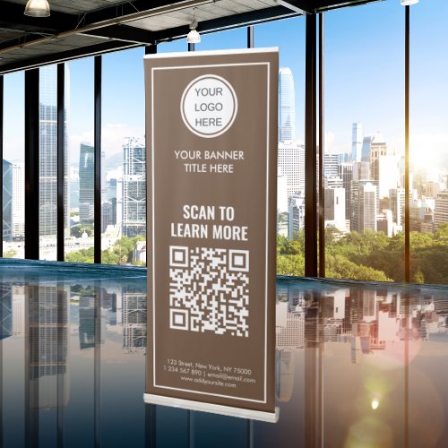 QR Code Business Logo Contact Info Brown and White Retractable Banner