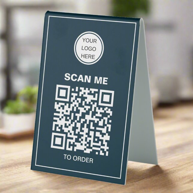 QR Code Business Logo l Cafe Restaurant Menu Blue  Table Tent (Creator Uploaded)