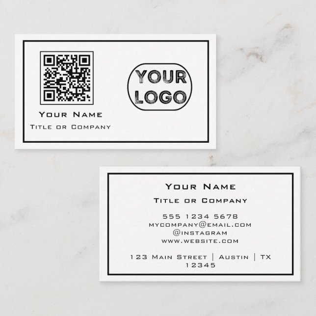 QR Code Business Logo Minimalist White Business Card (Front/Back)