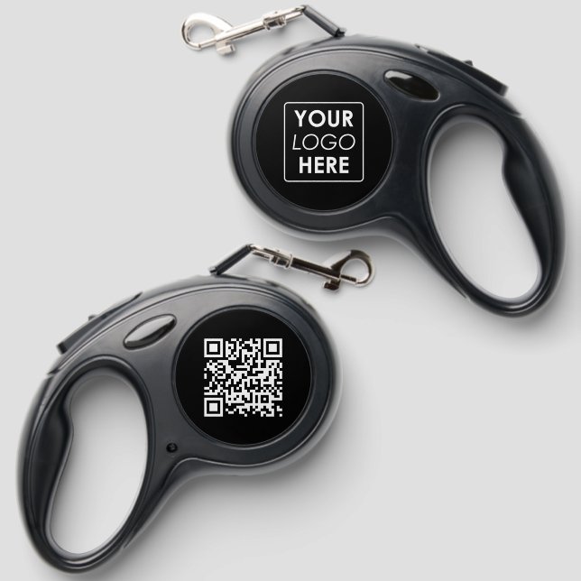 QR Code Business Logo Modern Business Black Retractable Pet Leash (Front & Back)