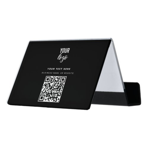 QR Code Business Logo Modern Minimalist Black  Desk Business Card Holder