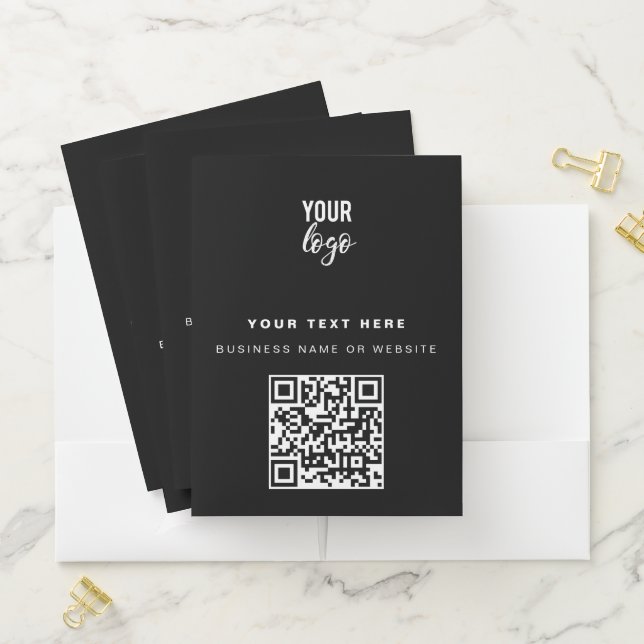 QR Code Business Logo Modern Minimalist Black Pocket Folder (In Situ)