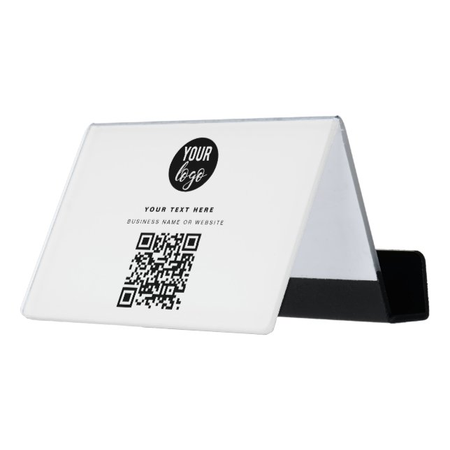 QR Code Business Logo Modern Minimalist White  Desk Business Card Holder (Angled Back)
