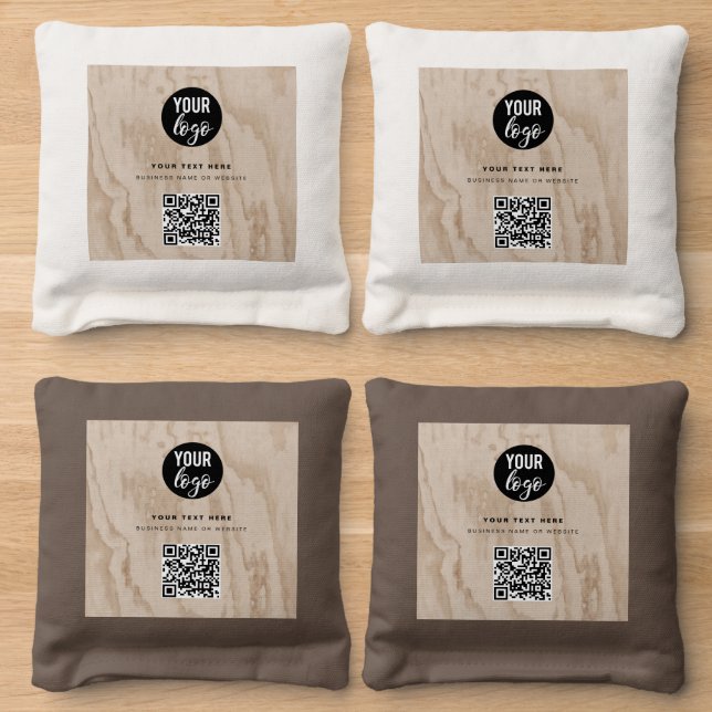QR Code Business Logo Modern Minimalist Wood  Cornhole Bags (Wood)