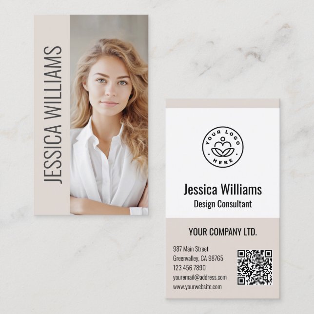 QR Code Business Logo Modern Professional Beige Card (Front/Back)