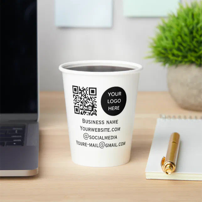 QR Code Business Logo Professional Black Modern Paper Cups | Zazzle