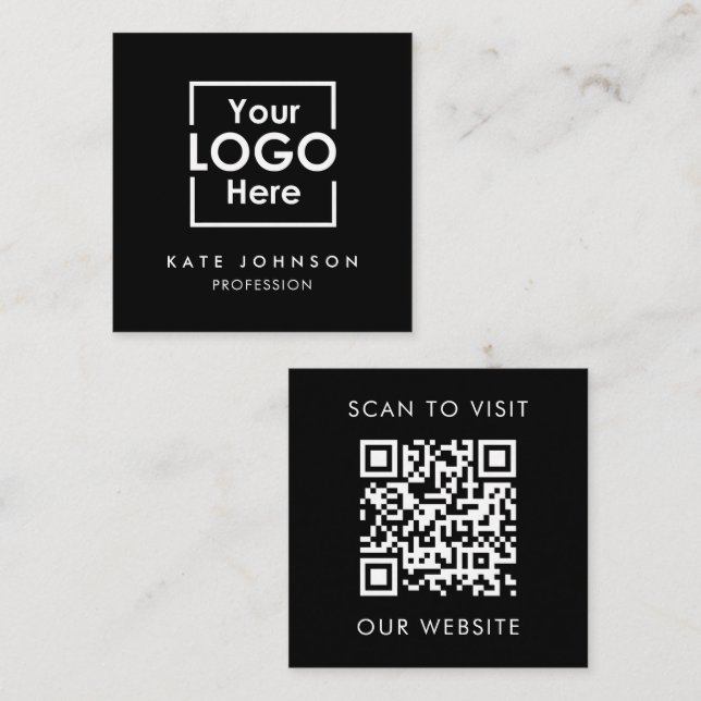 QR Code Business Logo Professional Black White  Square Business Card (Front/Back)