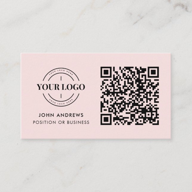 QR Code Business Logo Professional Blush Pink Chic Business Card (Front)