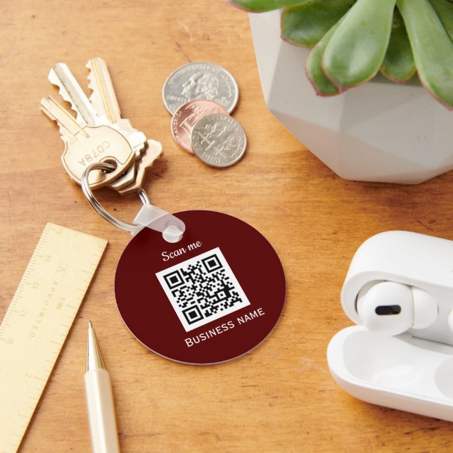 QR Code Business Logo Professional Custom Burgundy Keychain (Desk)