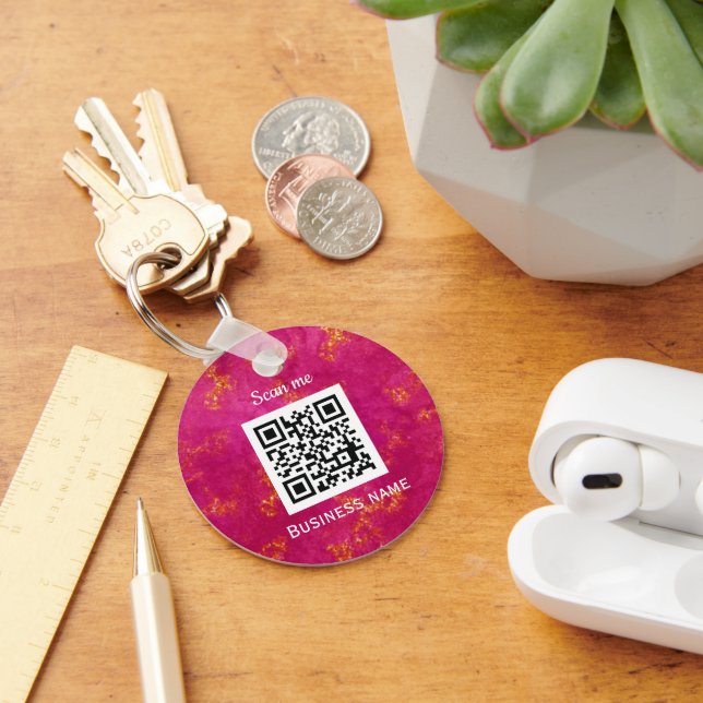 QR Code Business Logo Professional Custom Hot Pink Keychain (Desk)
