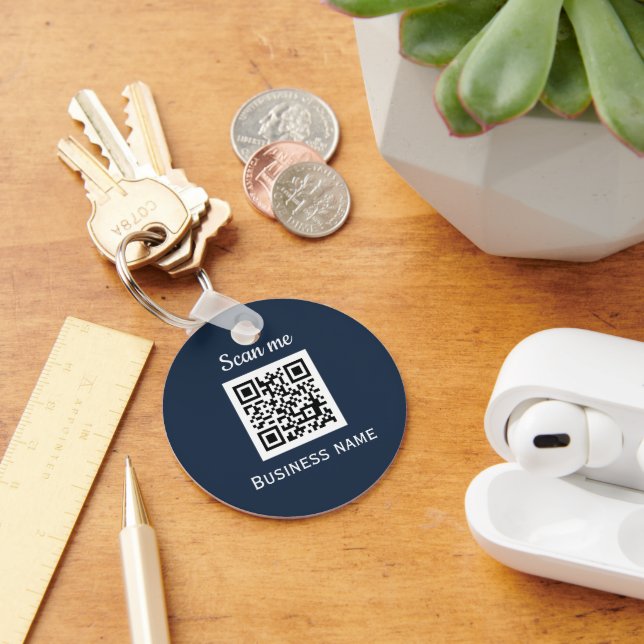 QR Code Business Logo Professional Navy Blue Keychain (Desk)