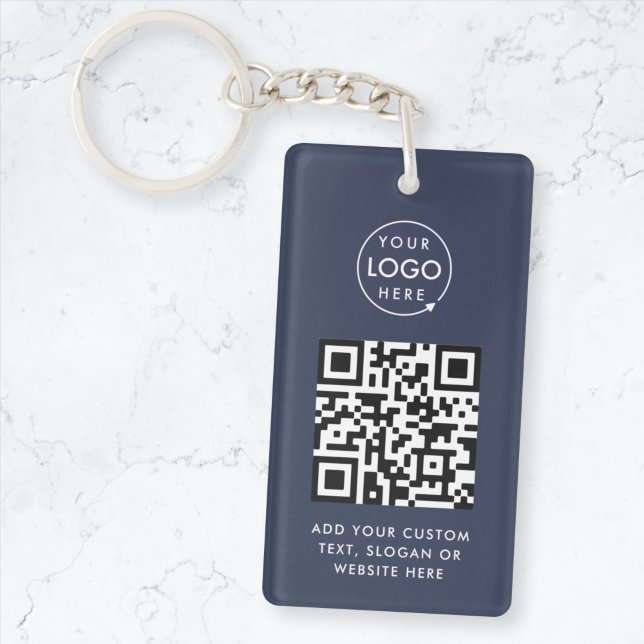 QR Code | Business Logo Professional Navy Blue Keychain (Versatile editable keychain template with interactive QR code & your business logo in navy blue.)
