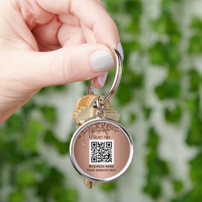 QR Code Business Logo Professional Rose Gold Keychain (Hand)
