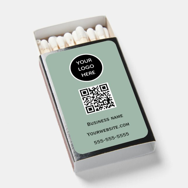 QR Code Business Logo Professional Sage Green Matchboxes (Front Open)